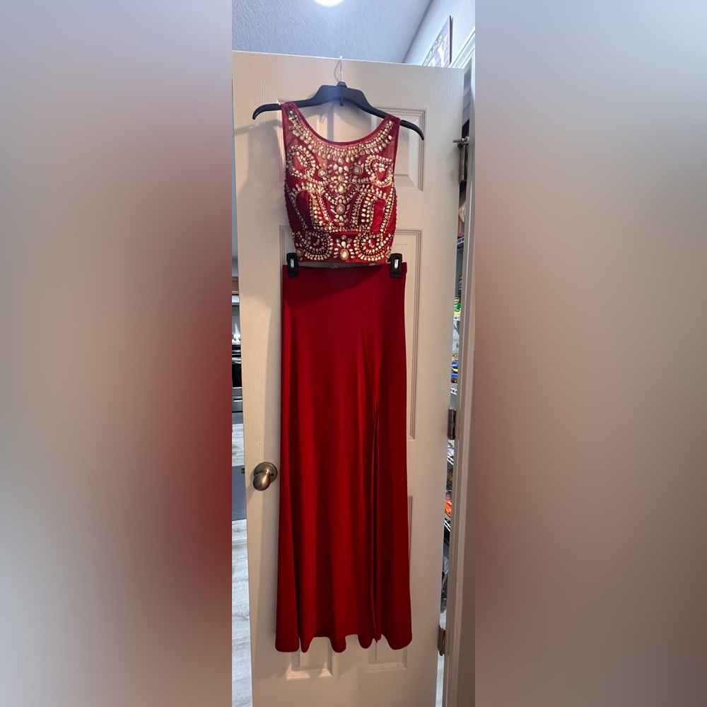 2 piece red and gold formal dress